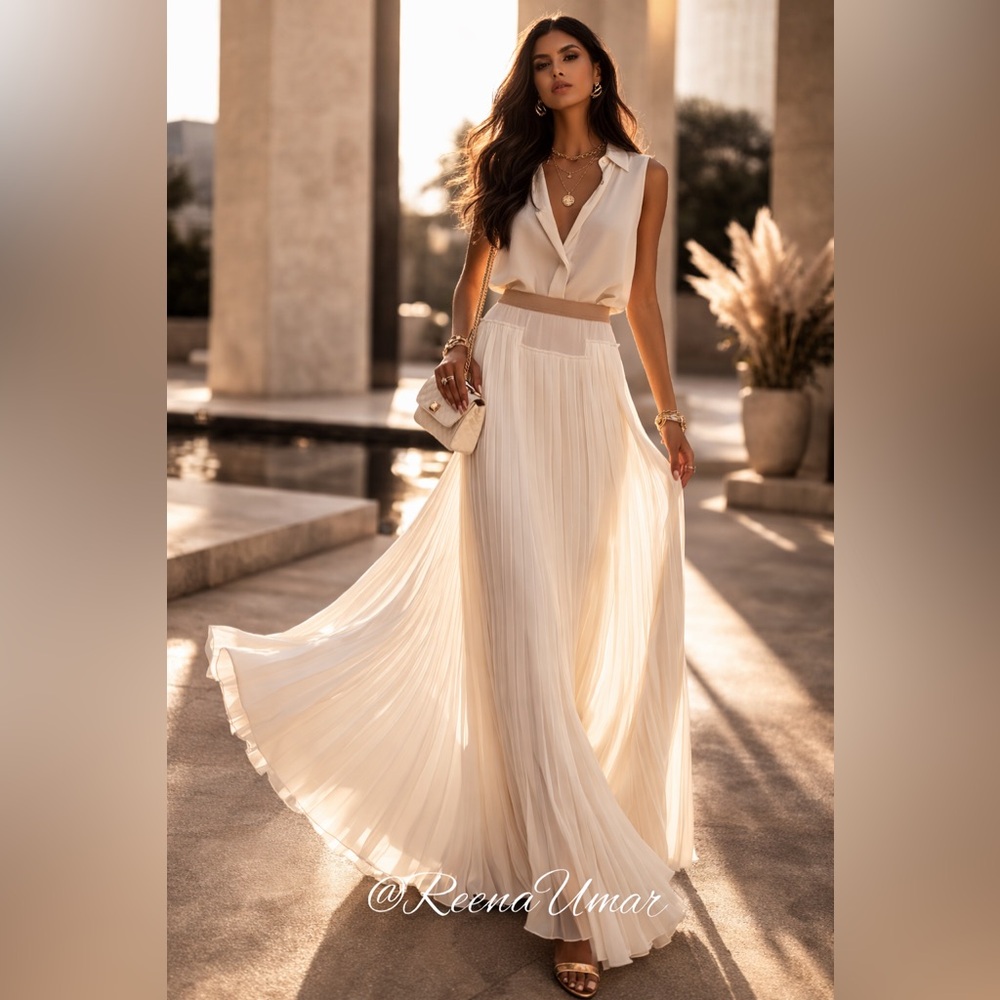 BCBGMaxAzria Cream “Dillon” Pleated Maxi Skirt